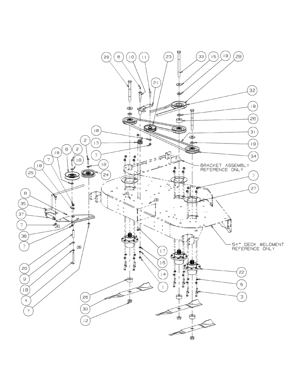 Fabricated Deck Spindle Assembly Diagram and Parts List for M54-KW 53AI8CTW750-23HP-OHV Cub Cadet Lawn Tractor
